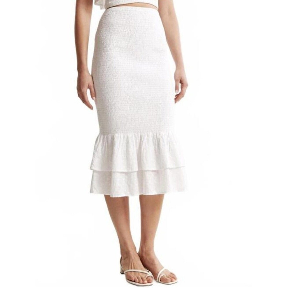 Abercrombie & Fitch White Cotton Smocked Eyelet Ruffle Bodycon Midi Skirt M Med